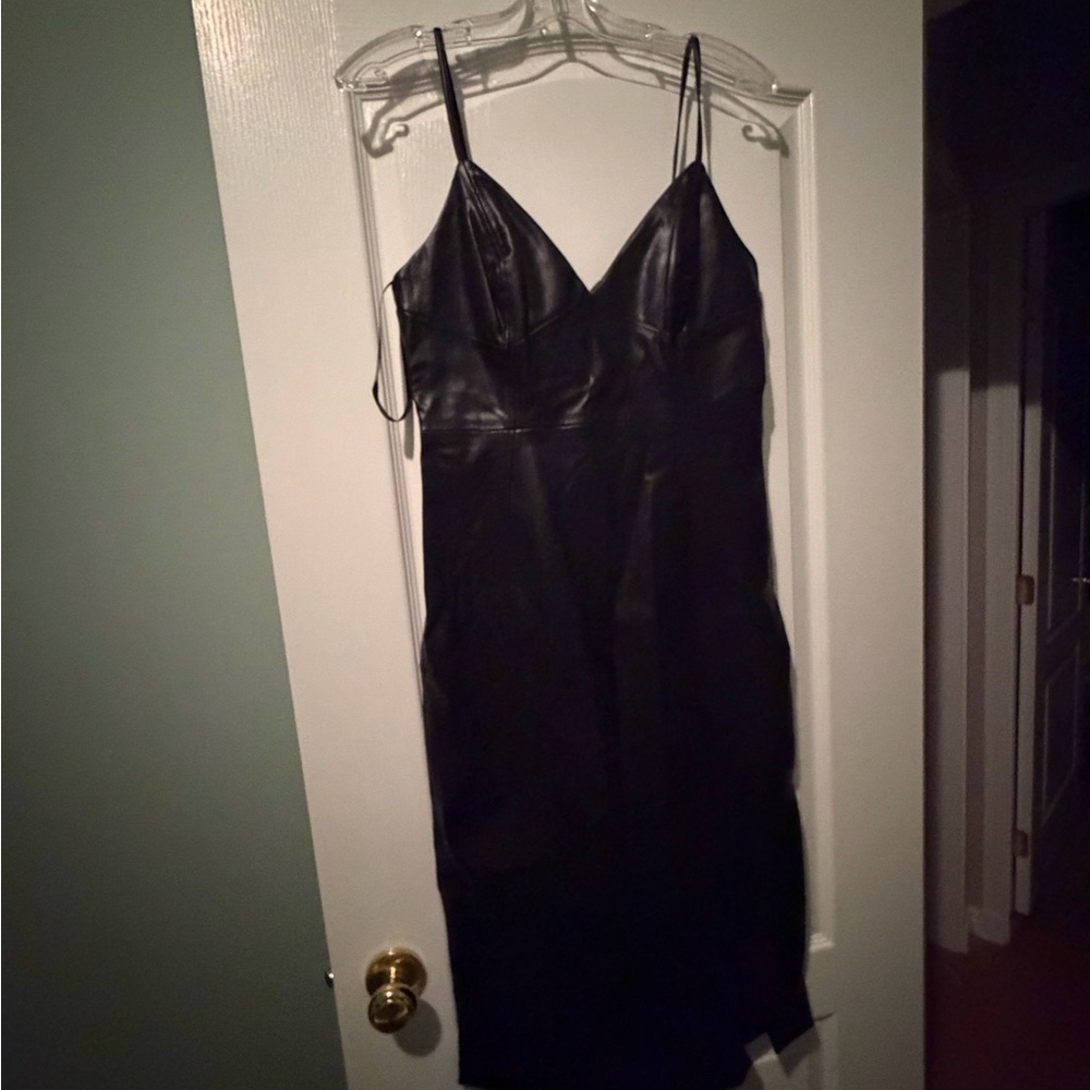 Calvin Klein Elegant Black Spaghetti Strap Leather MIDI Dress